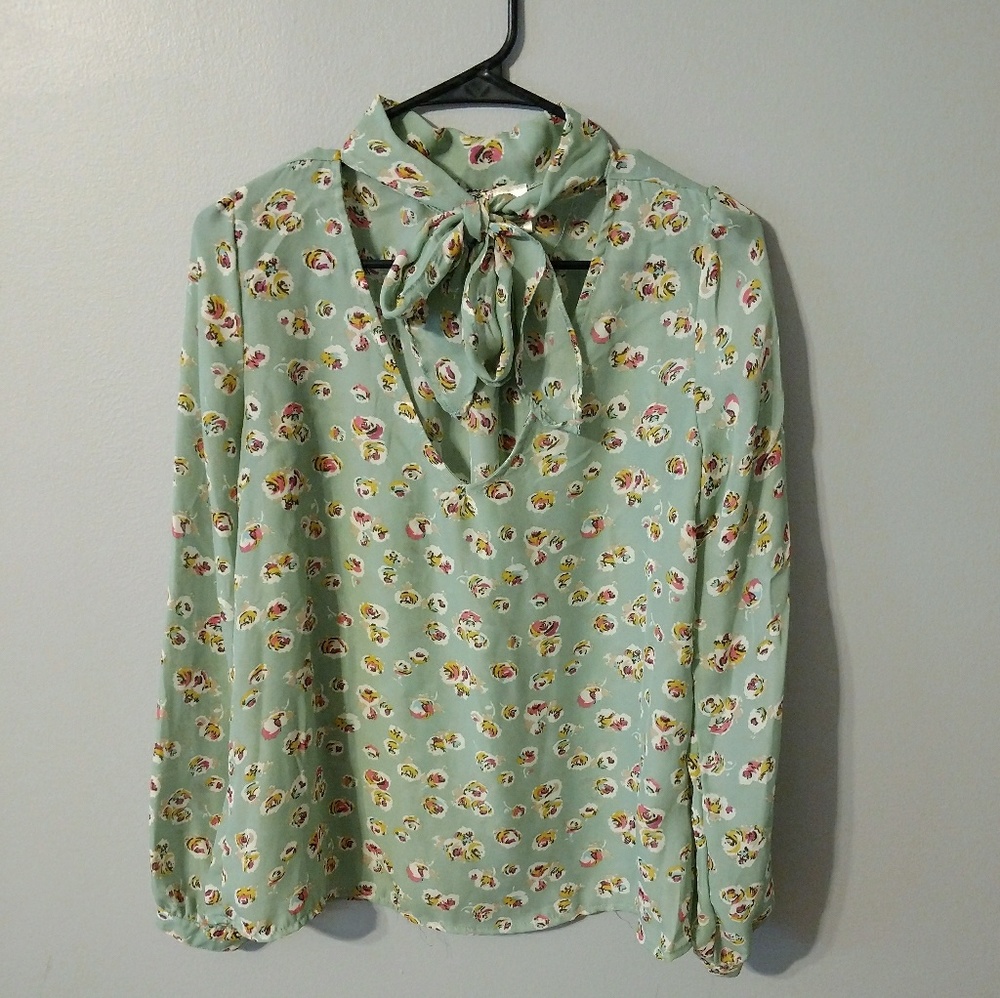 Mint Green floral long-sleeve blouse.